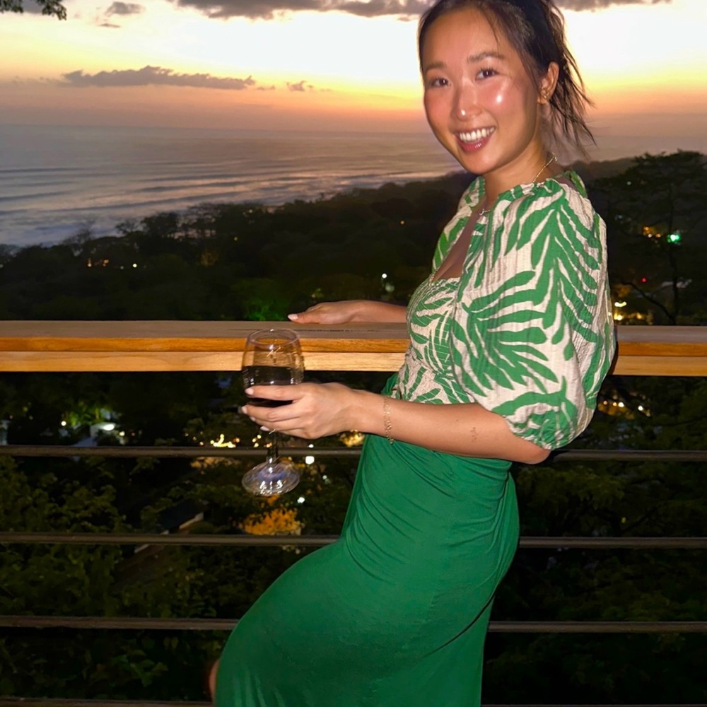 H&M Green and White Leaf Pattern Blouse